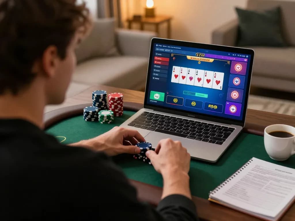 Player enjoying poker on 789club's online platform, vibrant screen detail and cozy home setting