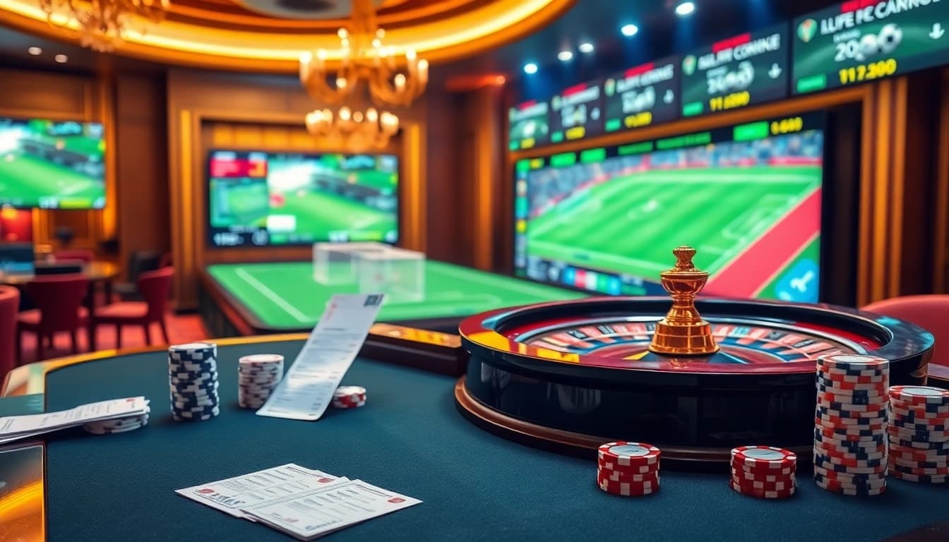 Experience แทงบอล action with a luxurious betting table and live soccer game displays.