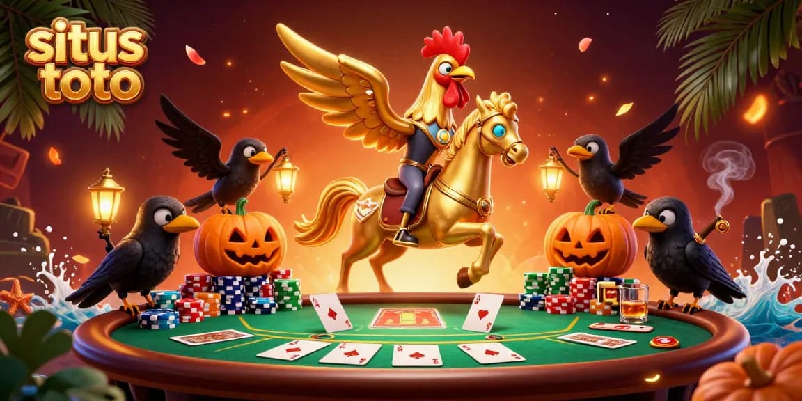 Experience exciting situs toto gameplay with a golden rooster and companions in a vibrant casino.