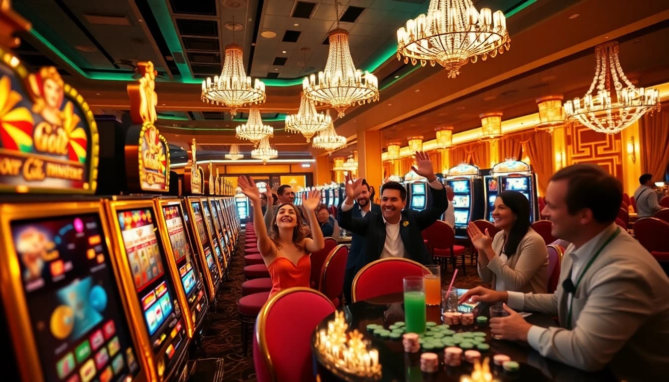 Keceriaan mesin slot saat pemain meraih kemenangan besar di lingkungan kasino mewah yang dipenuhi sorakan.