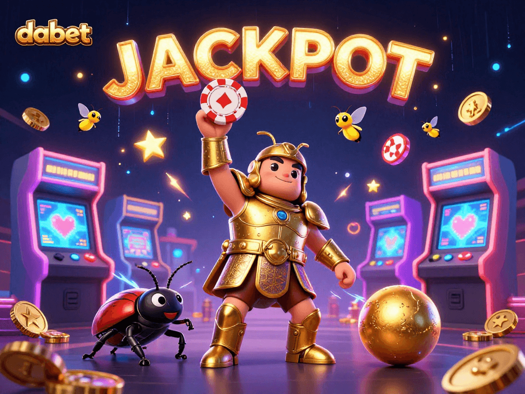 dabet's thrilling jackpot scene showcases a heroic bug, poker chips, and arcade game flair.