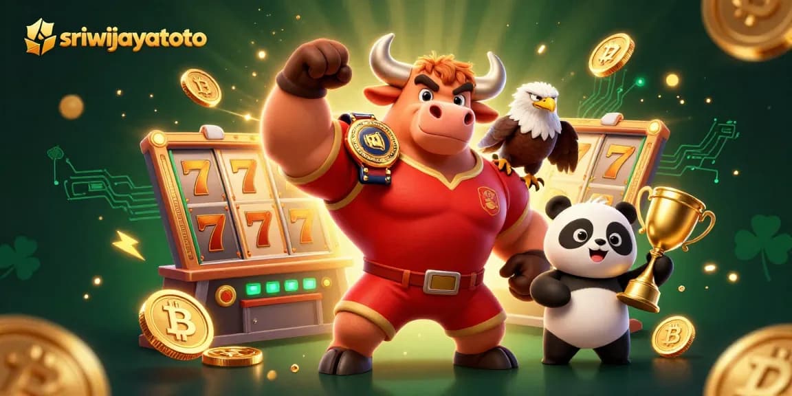 Sriwijayatoto showcases an energetic casino scene with a joyful bull, eagle, and panda, symbolizing winning.