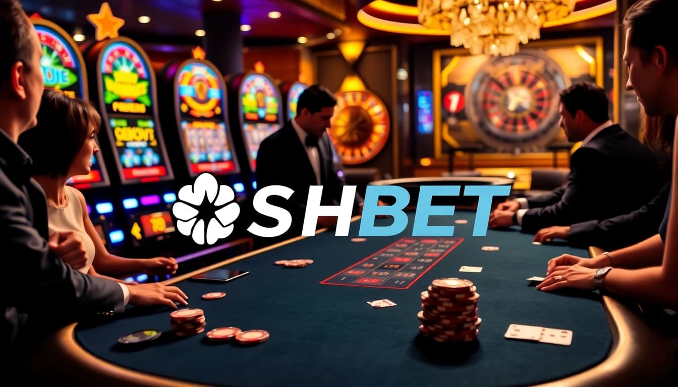 Join the excitement at SHBET's poker table with vibrant slot machines and a spinning roulette wheel.