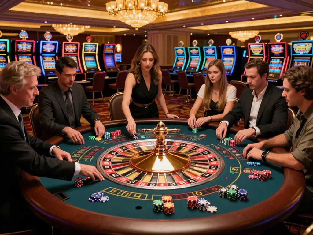 Tỷ lệ kèo nhà cái 5 at a roulette table with players engaged in strategic bets and vibrant casino atmosphere.