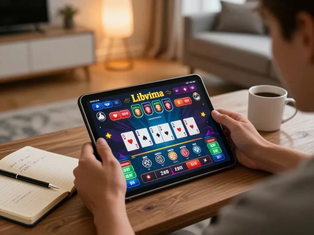 Player enjoying online gaming experience at 68win with tablet, showcasing vibrant casino interface and strategic notes