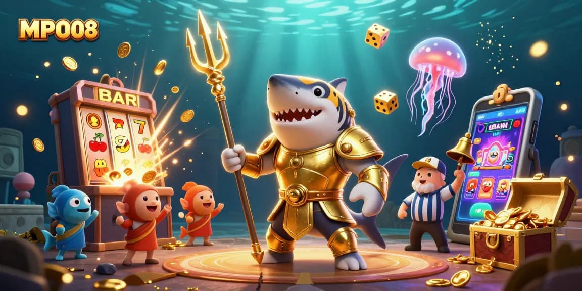 MPO08 slots action showcasing a golden gladiator shark and a festive underwater scene filled with jackpots and excitement