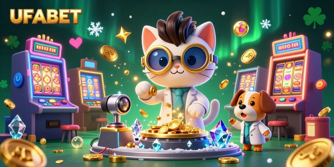 Experience the excitement of UFABET with a cartoon-like scene of a mad scientist cat in a casino lab, creating gold coins.