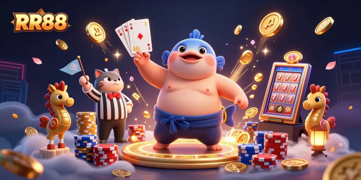 Engage with RR88 online casino: vibrant 3D illustration showcasing exciting games and dynamic elements