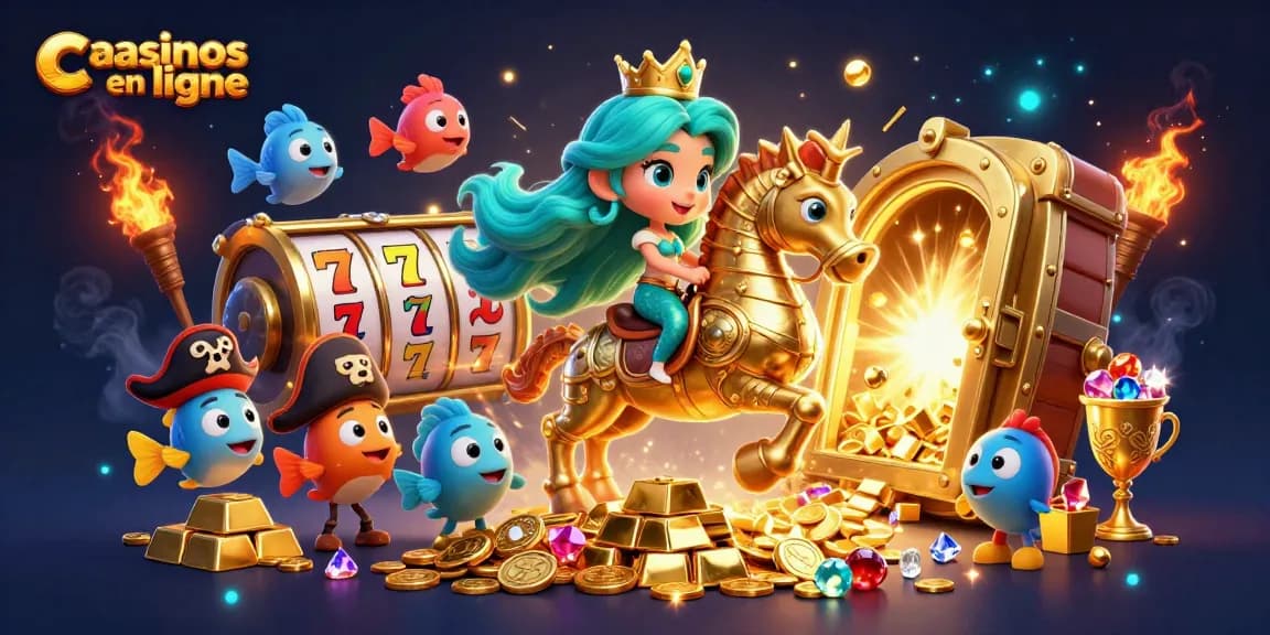 Vivez un gameplay excitant avec les casinos en ligne et des illustrations 3D colorées d'une princesse sirène dans une scène vibrante.