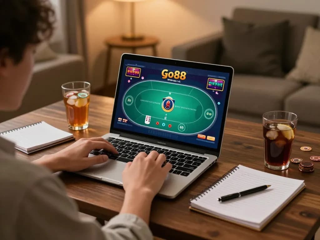 Engaging lifestyle scene at go88 with player immersed in online poker game on laptop.