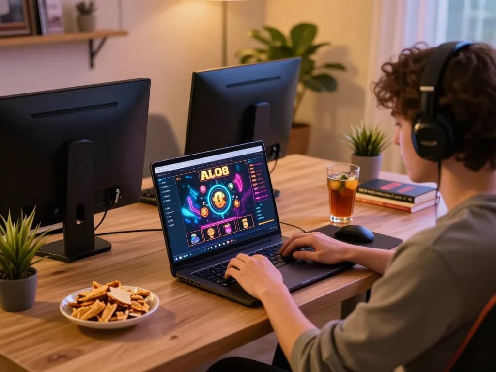 Player engaging in online gaming on ALO8 platform with vibrant casino graphics
