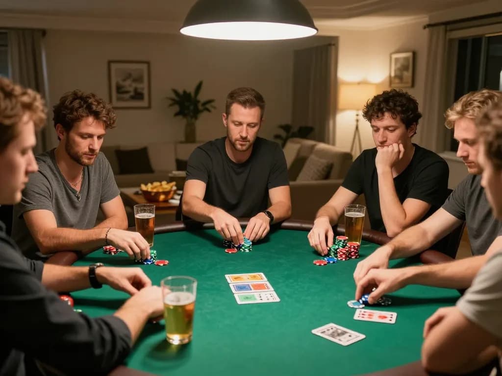 Players engage in an exciting poker game at home, showcasing 555win strategies and social interaction.