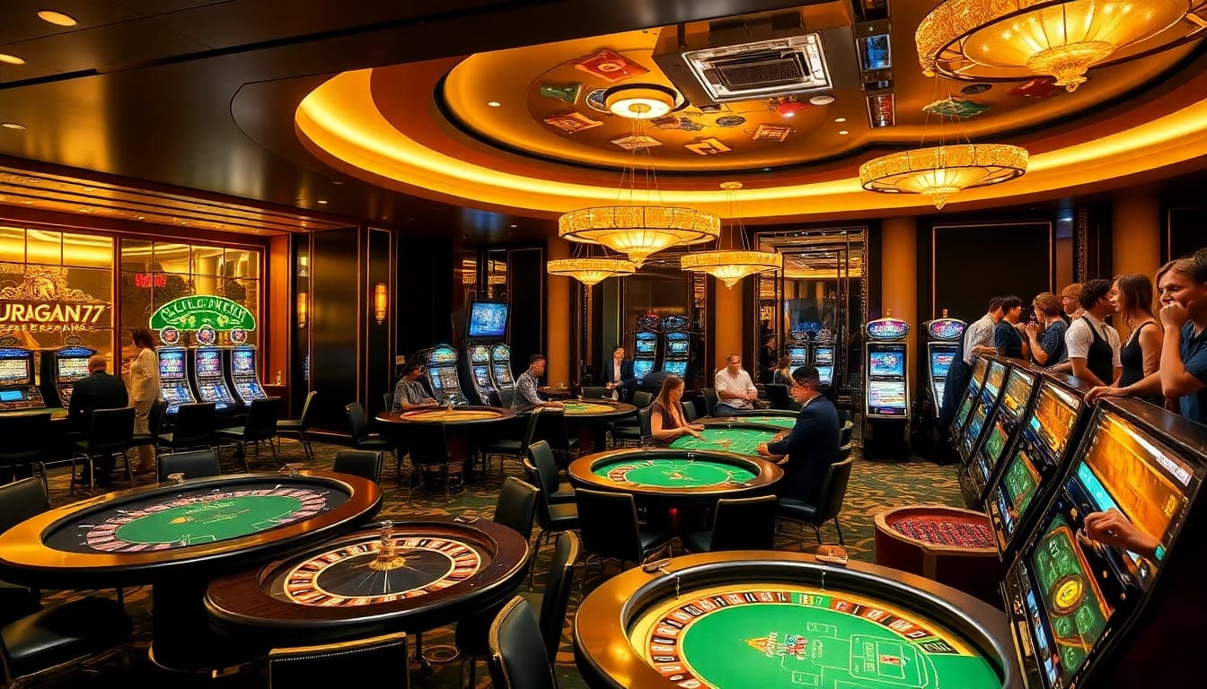 Players celebrating at a casino, showcasing juragan77 excitement and luxury in gambling activities.