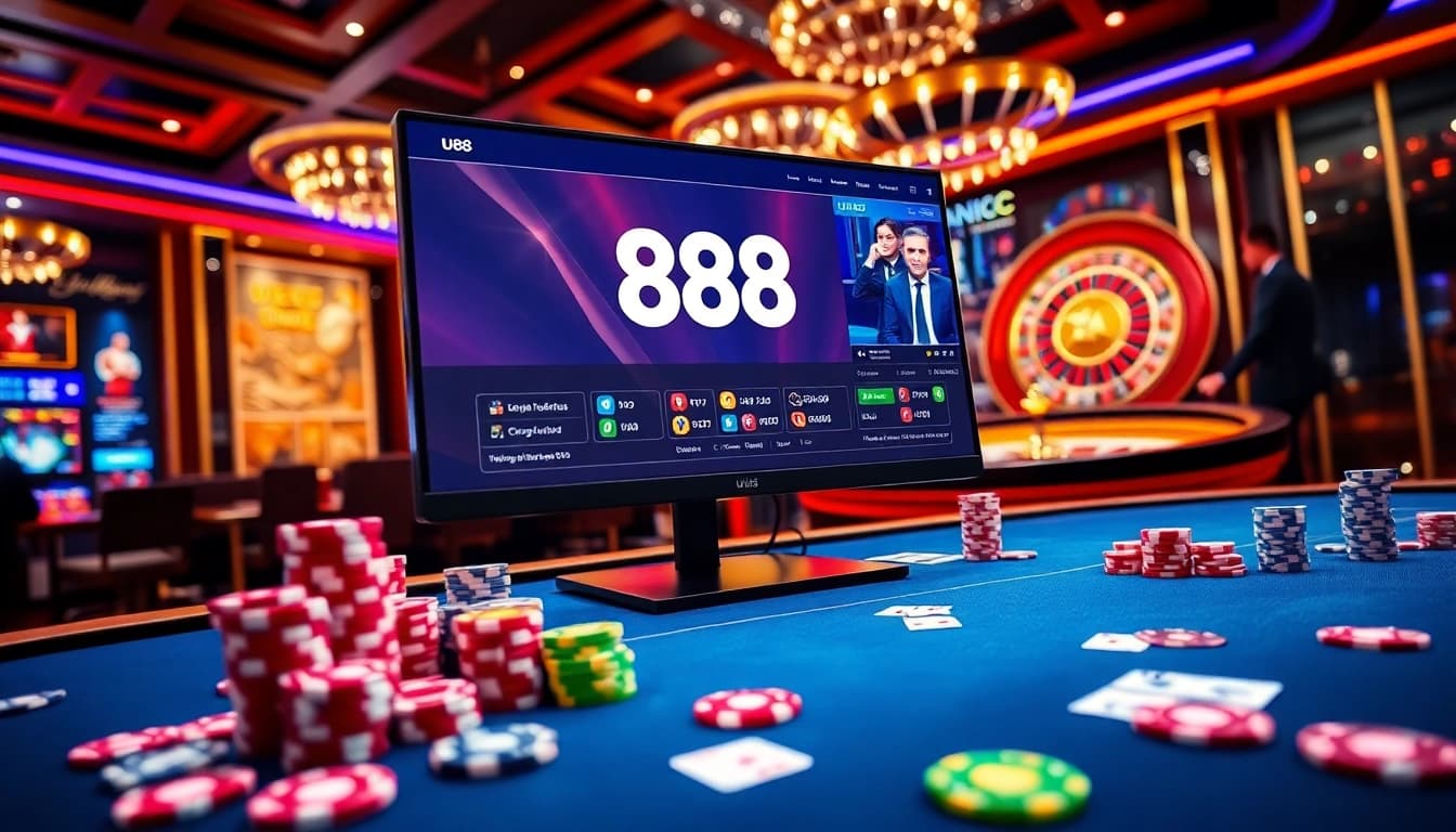 Play at U88 online casino with vibrant tables, poker chips, and a live dealer experience.