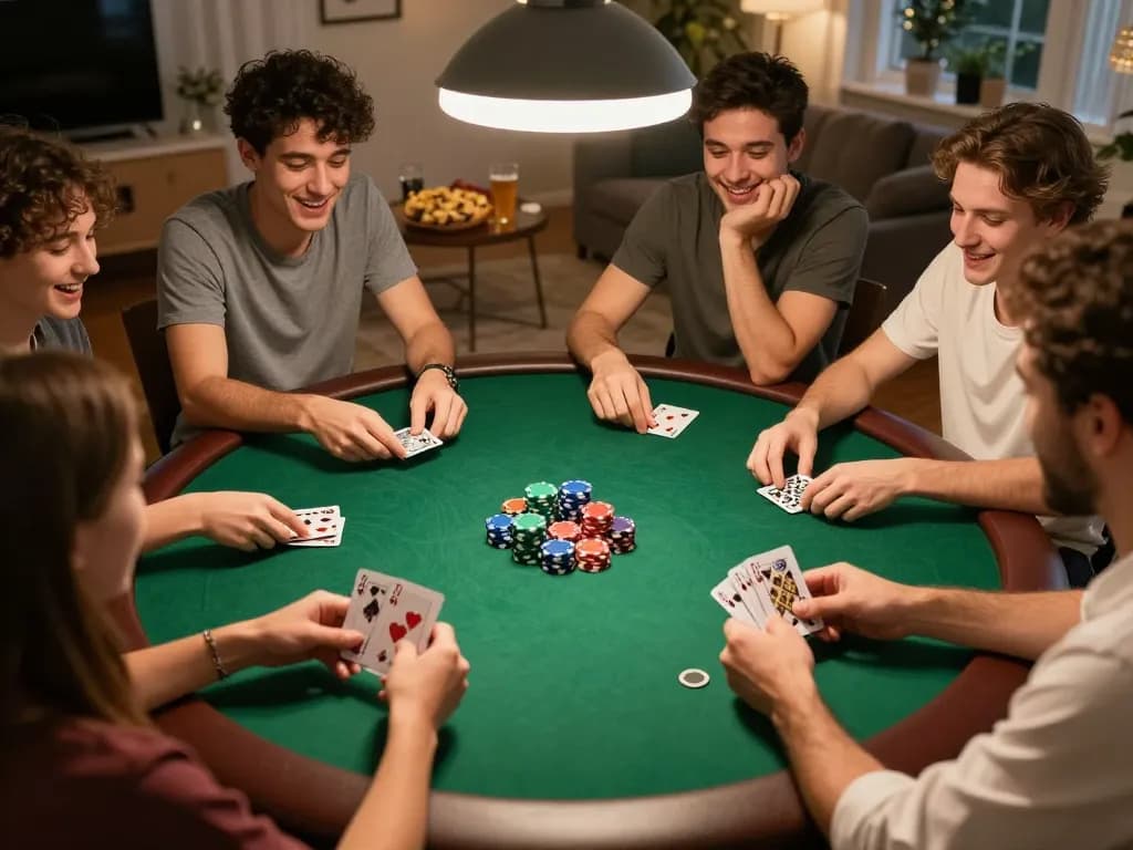 Friends enjoying a home poker night while strategizing their luck81 card game