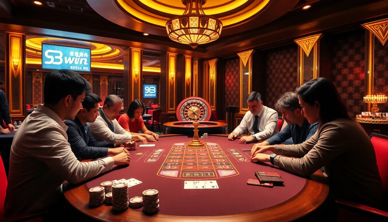 Engaging scene of players at a luxurious casino table showcasing 98win's vibrant poker game.