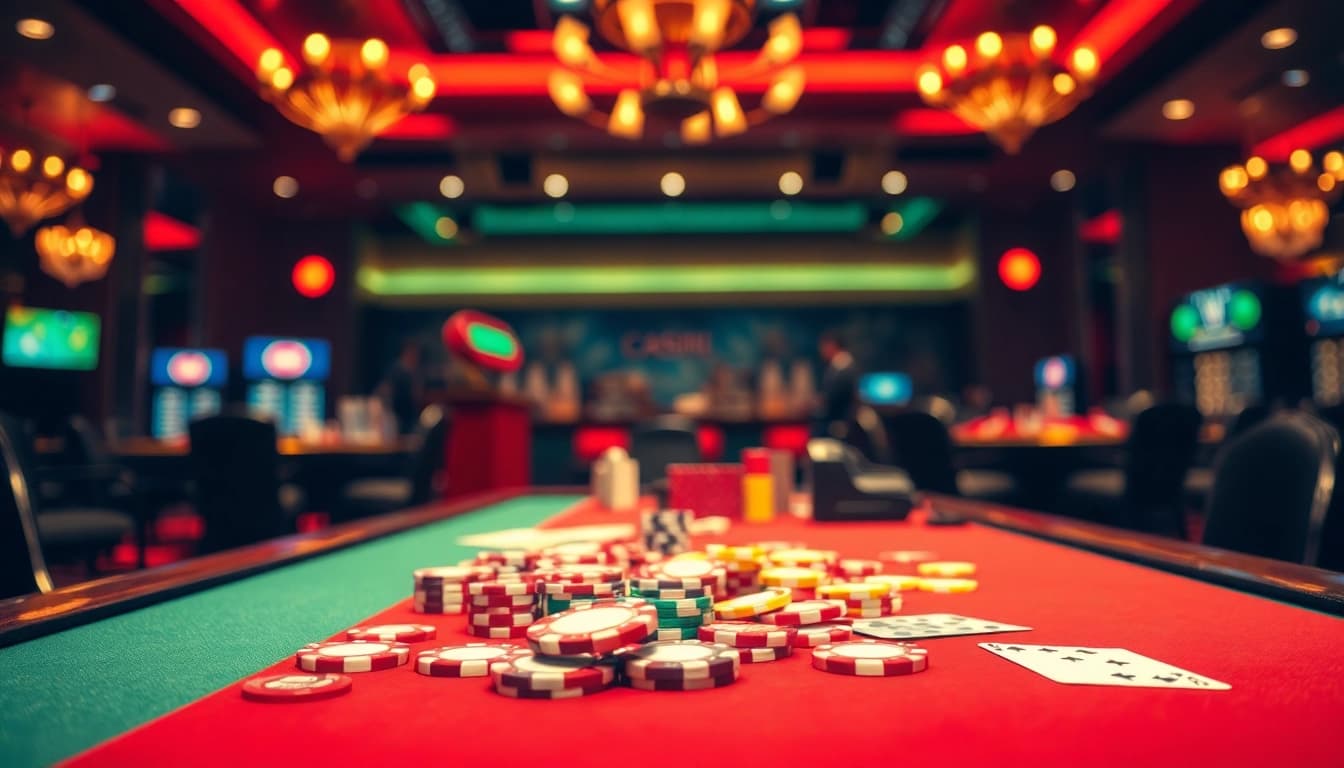 Betrupi Giriş için heyecan verici bir casino masası ve renkli poker renkleri.