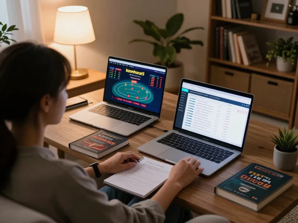 Person engaging with keonhacai5 online betting interface on laptop, strategic gambling setup in cozy home.