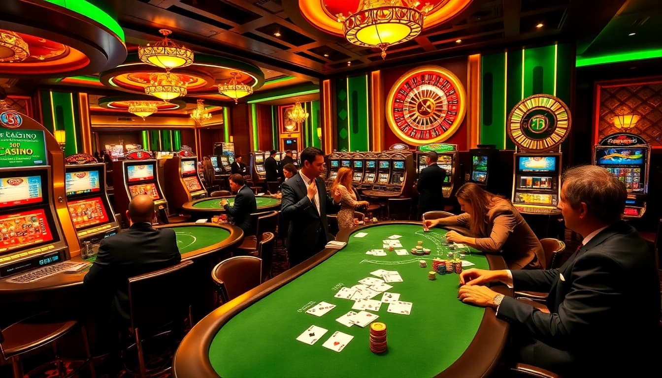 Gambling excitement at SODO CASINO 66 with players at poker tables and vibrant slot machines.