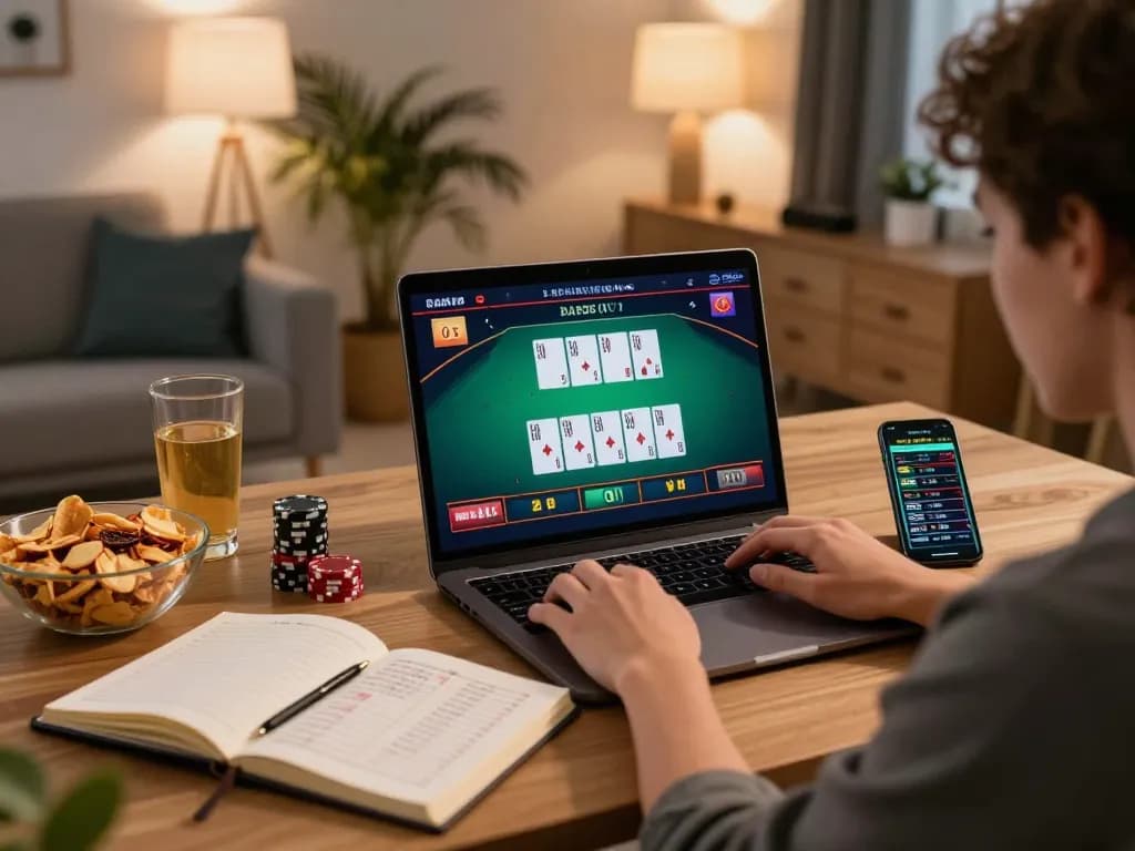 Person playing live dealer blackjack on their laptop with sports betting displayed, showcasing tr88 gaming atmosphere.