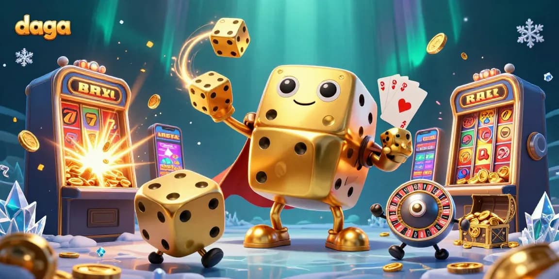 Daga features an exciting 3D illustration of a golden dice golem juggling while surrounded by vibrant casino elements.