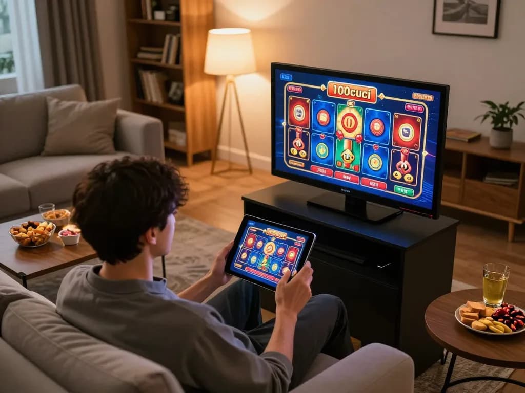Register 100cuci on tablet in a cozy home gaming setup with engaging casino games.