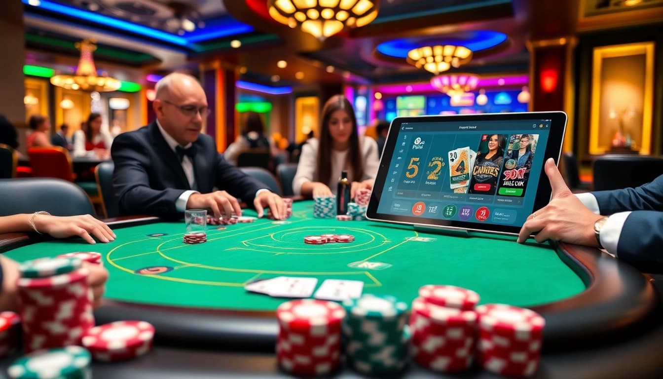 A thrilling Agen Judi Bola scene showcasing a poker table with players and colorful chips.