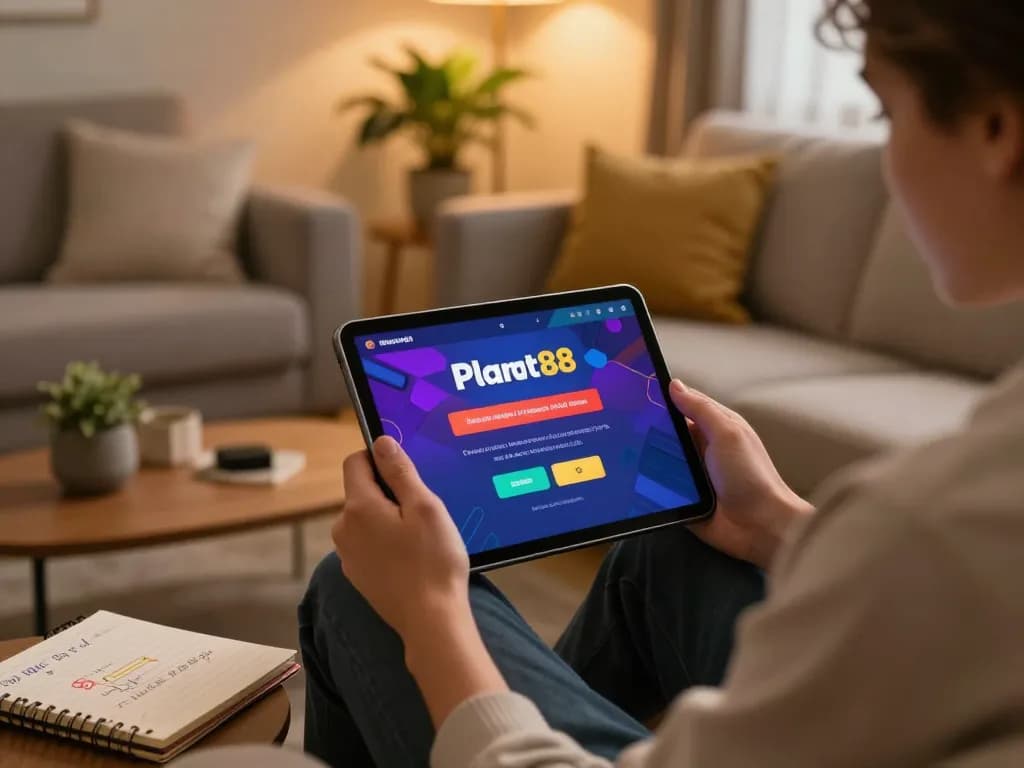 Engaging user making a Planet88 login on a tablet, cozy home gaming atmosphere.