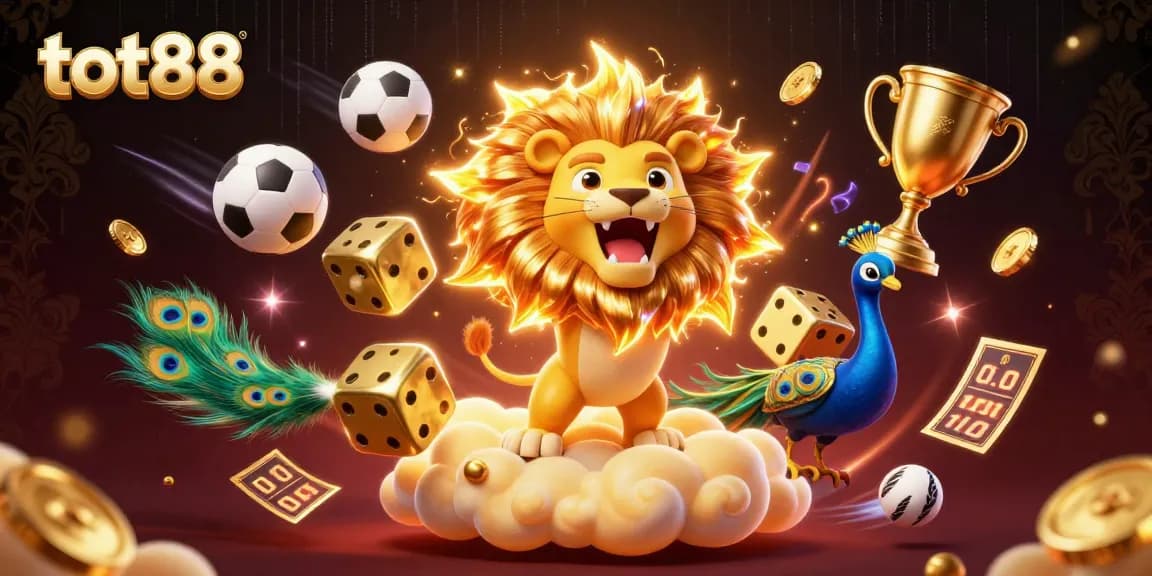 tot88 triumphantly showcases vibrant 3D casino art with golden elements and dynamic sports imagery.