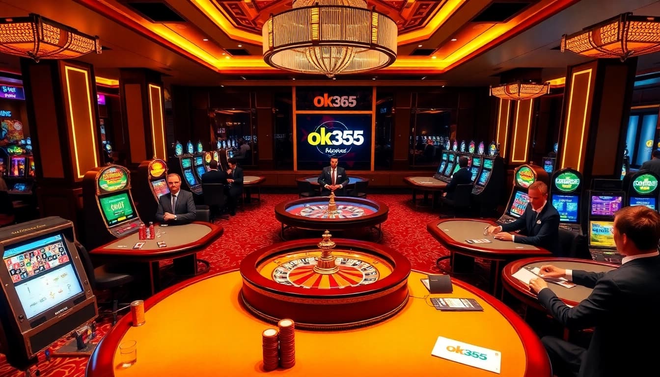 Experience the excitement at ok365 with vibrant casino tables, poker chips, and a roulette wheel.