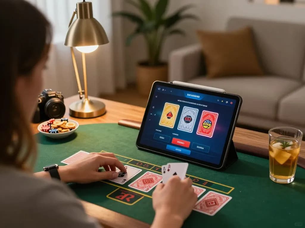 Người chơi thưởng thức trò chơi blackjack với người chia bài trực tiếp KO66 trên máy tính bảng trong một không gian ấm cúng tại nhà, không khí ấm áp, lối chơi chiến lược