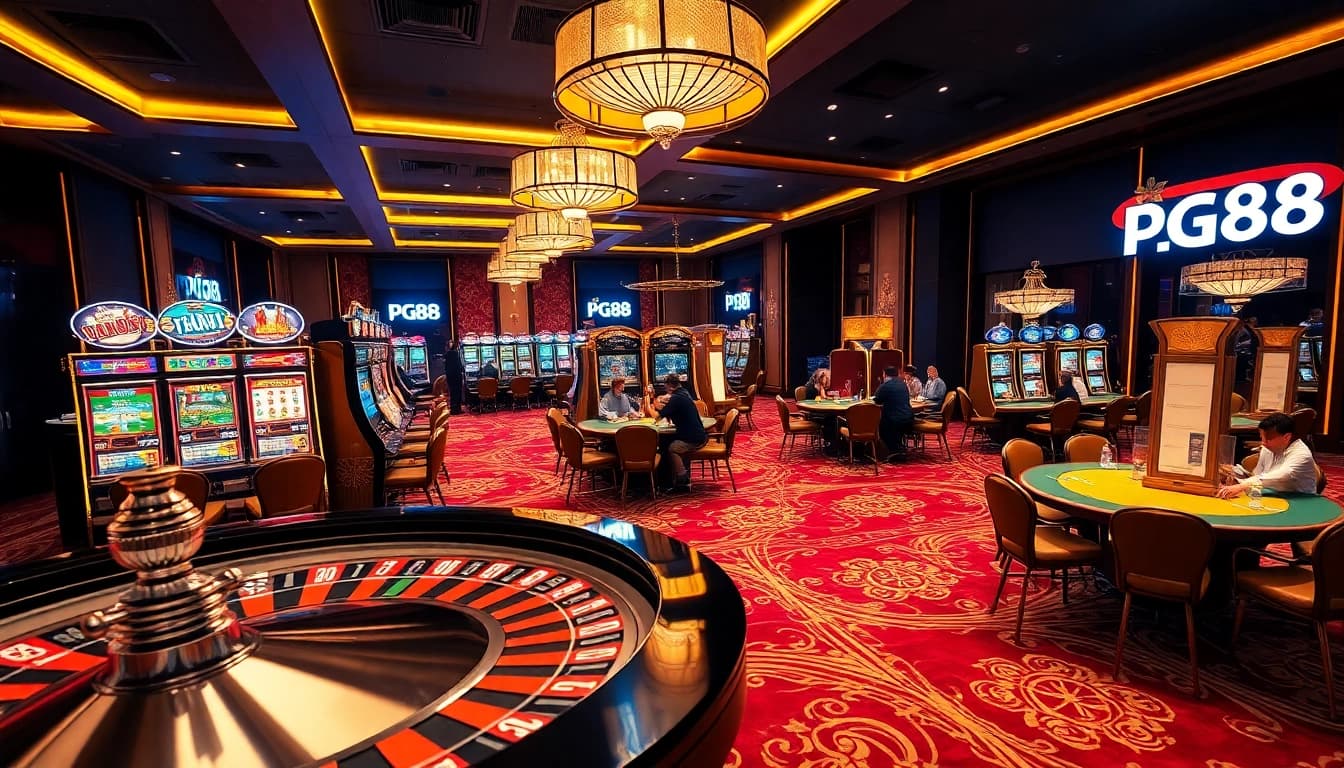 High-stakes gaming at pg88 casino with vibrant slot machines and elegant poker tables.