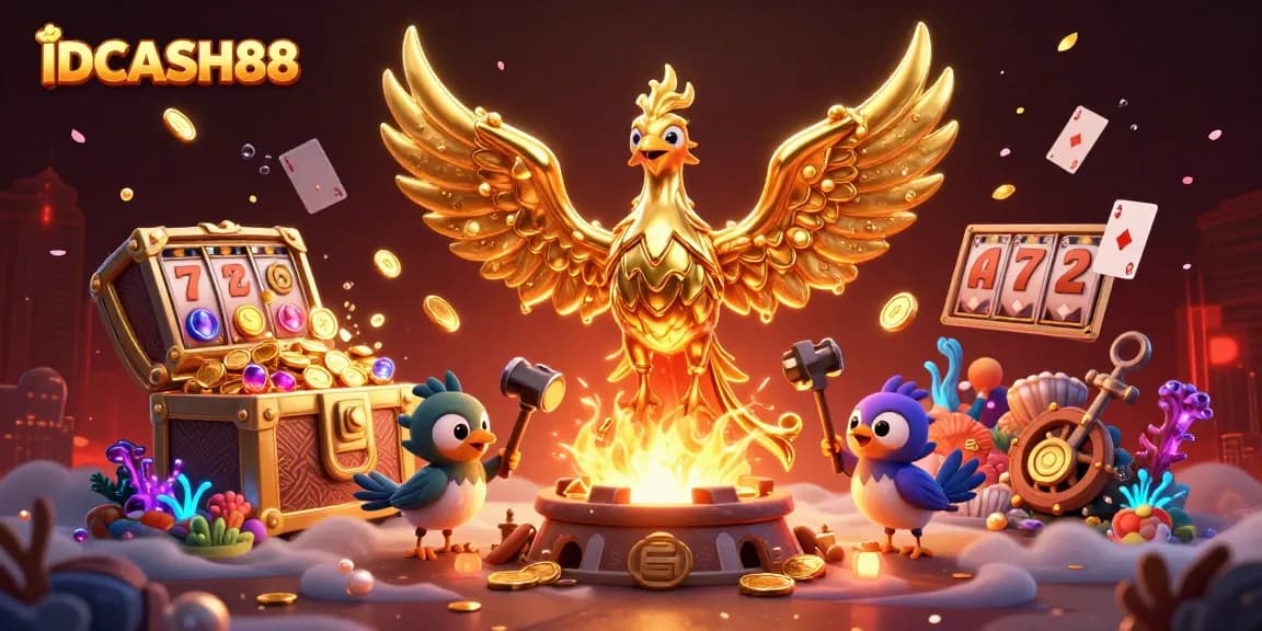 Experience thrilling gameplay with IDCASH88 as molten gold transforms into coins amidst an exciting casino scene.