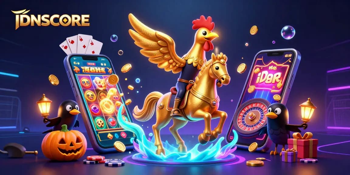 Experience gaming excitement with IDNSCORE in a vibrant casino scene featuring golden rooster characters.