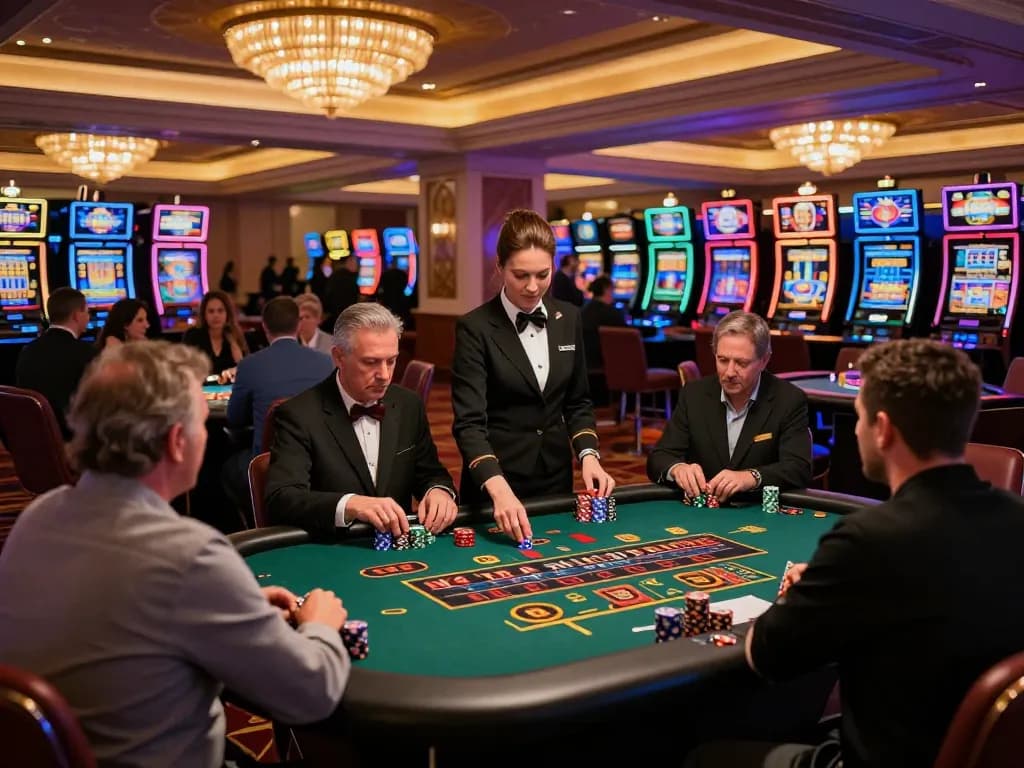 Trải nghiệm LUCK8 tại một casino cao cấp, nổi bật với người chơi tương tác với bàn roulette và blackjack dưới ánh sáng rực rỡ.