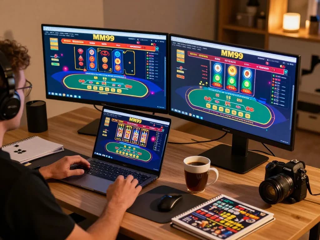 Engaging in online betting at MM99 casino with multiple screens showing vibrant games.