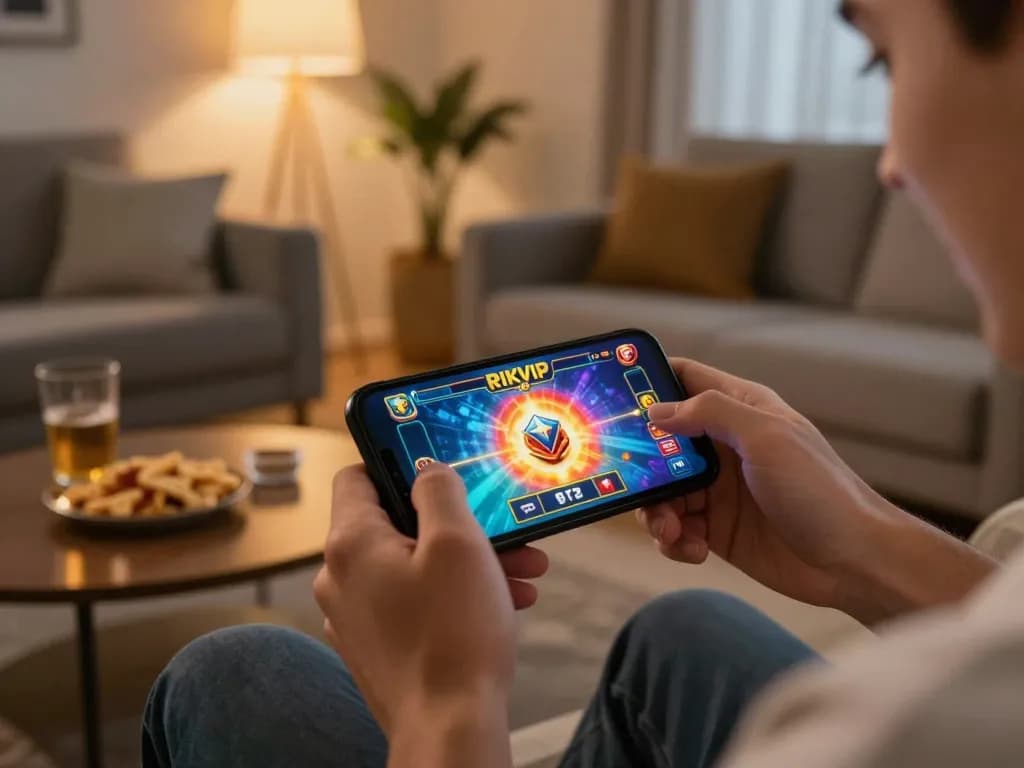 Player enjoying RIKVIP online casino on smartphone in cozy home environment.