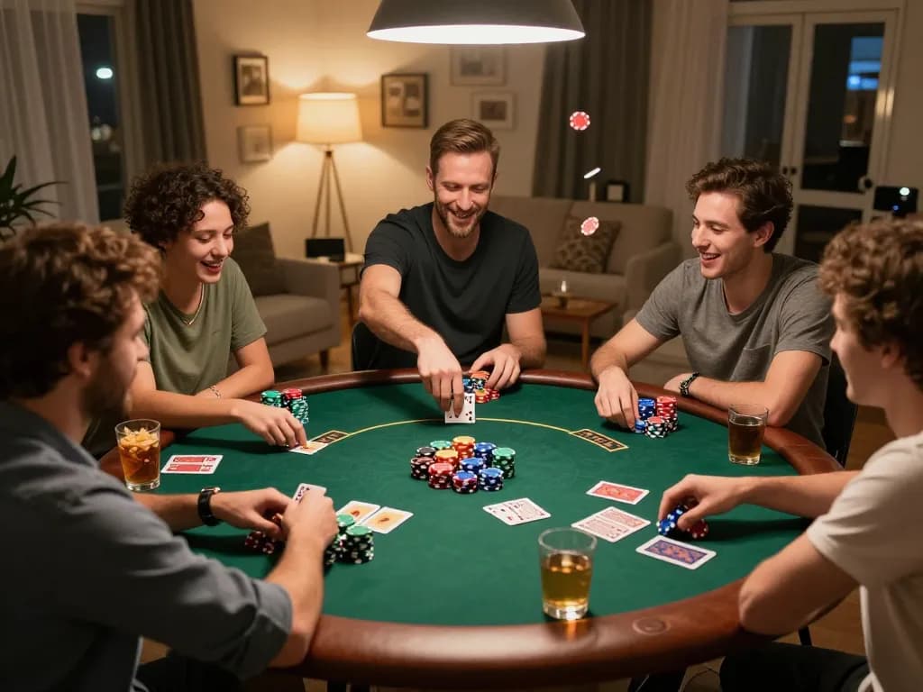 Friends enjoying a thrilling poker night with bangsawan88gg gameplay in action, showcasing colorful chips and warm ambience.