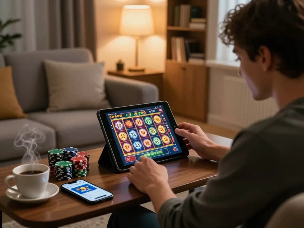Person engaging with unogg slots on tablet, showcasing home gaming atmosphere with excitement.