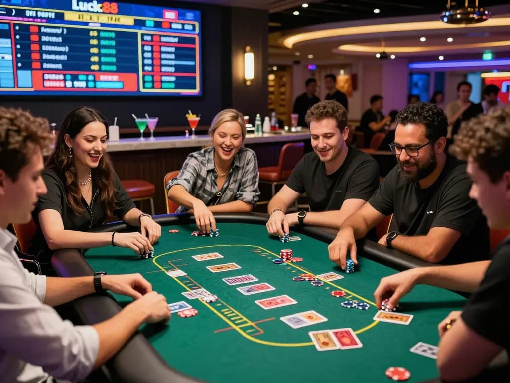 Dynamic gambling scene at https://lucky88.tips/ with players enjoying a lively casino atmosphere.