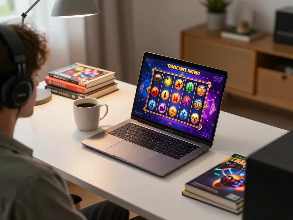 Engaging in a demo slot game on a laptop, showing vibrant gameplay and strategic environment