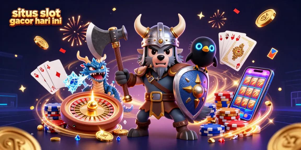Experience excitement on situs slot gacor hari ini with vibrant casino characters amidst cascading coins and gems.