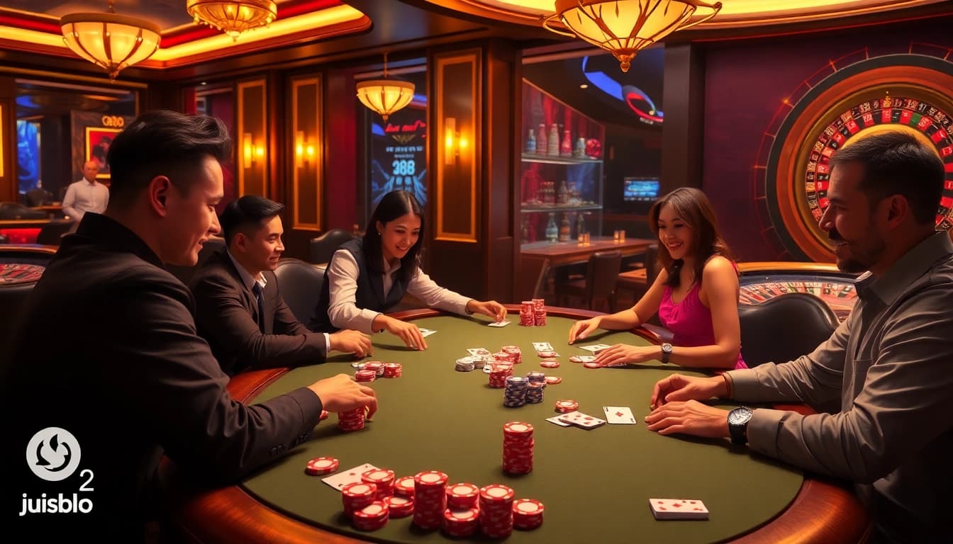 Players engaging at a vibrant jun88 2 casino poker table with colorful chips and cards.