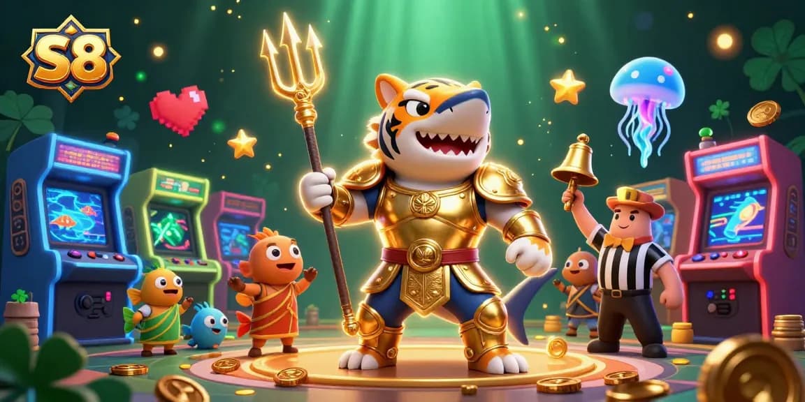 S8 casino event showcasing a golden gladiator shark, thrilling underwater arcade action with big wins.