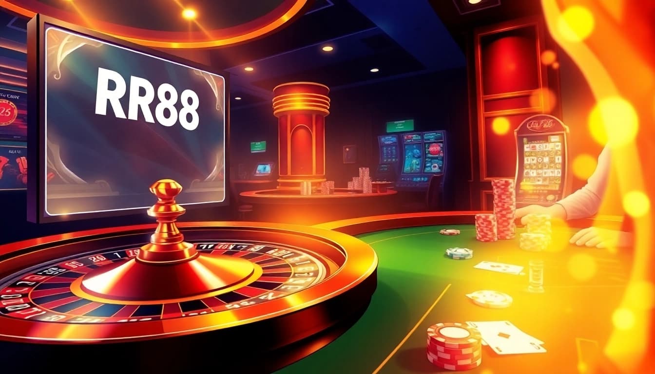 RR88 players enjoying a luxurious casino environment with poker chips and a roulette wheel.