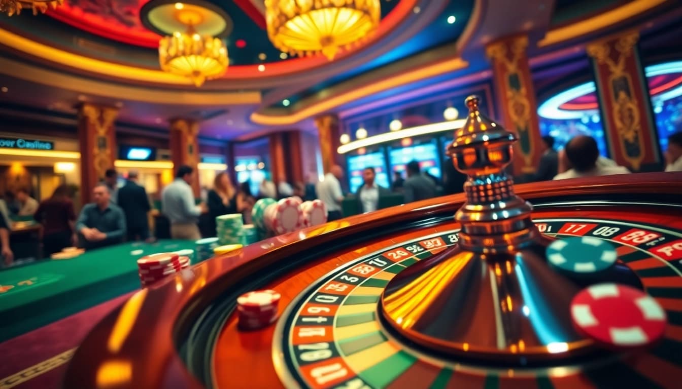 Casino spielen mit ansprechendem Roulette und lebhaften Spielchips in einem eleganten Casino.