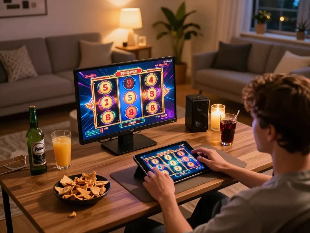 Bermain slot online di rumah dengan johnbozier, menampilkan suasana permainan yang cerah.