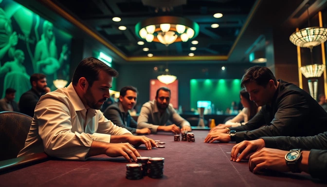 Permainan kartu SBOBET88 di meja poker yang ramai dan bersemangat.