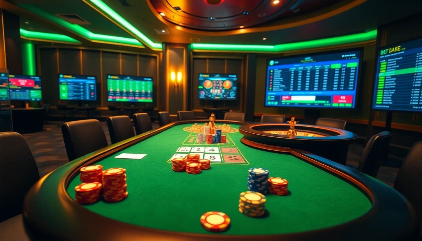 Experience online gambling excitement at https://debet2.app/ with a vibrant casino scene featuring poker, roulette, and betting screens.