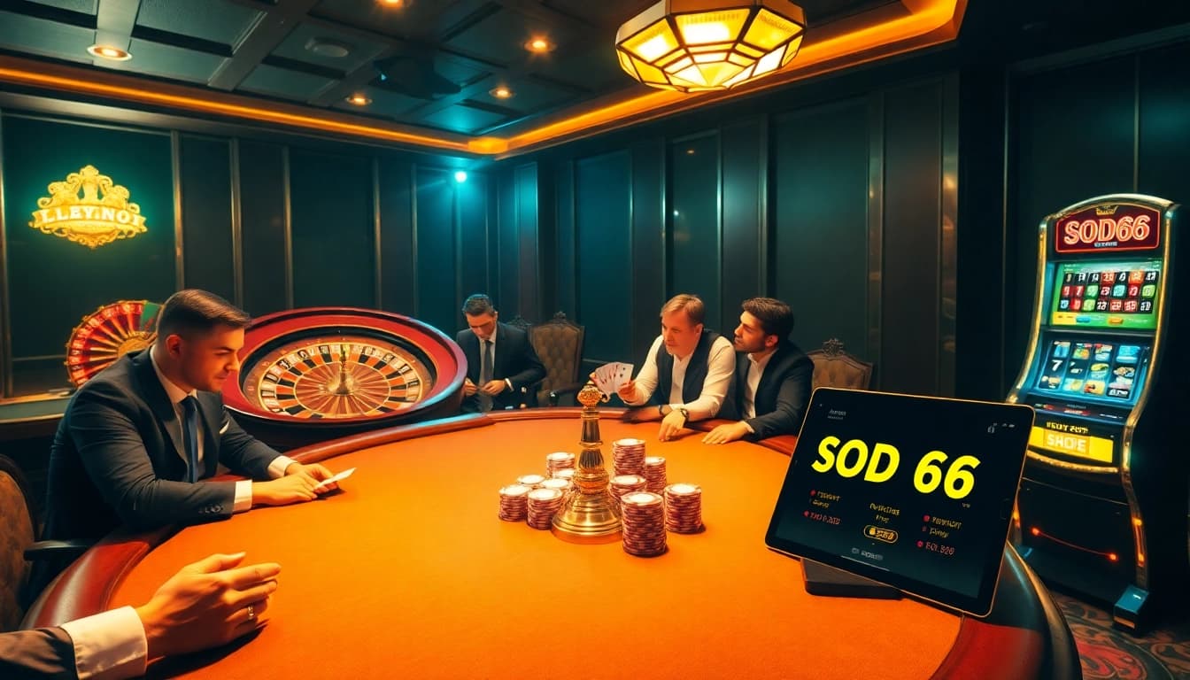 SODO66 players enjoying a vibrant poker game with a roulette wheel and slot machine in a luxurious casino.
